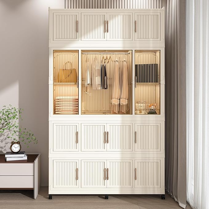 Portable Wardrobe Closet Storage Organizer for Clothes, Clothes Dresser, 12 Magnetic Doors-12 Cubes & 2 Hanging Rod,16 pcs Ha