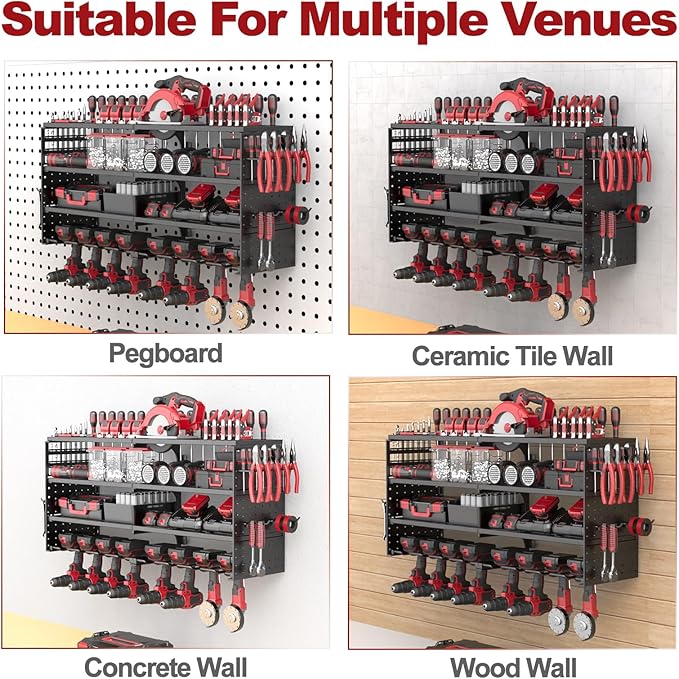 4 Tier Power Tool Organizer Wall Mount, 8 Cordless Drill Holders, 320LBS Heavy Duty Power Tool Storage Rack, Holds 50+ Tools 