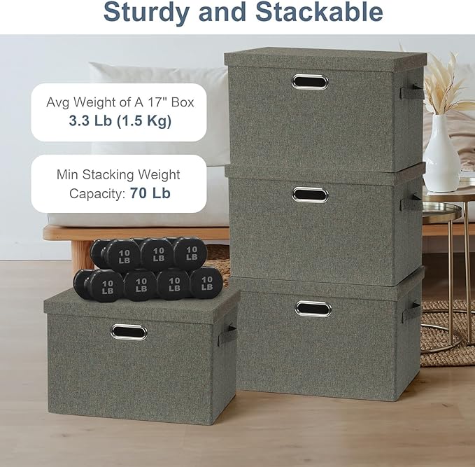 Graciadeco Large 17" 36 Quart Collapsible Stackable Storage Bins with Lids, 3 Packs Dark green Foldable Fabric Closet Storage