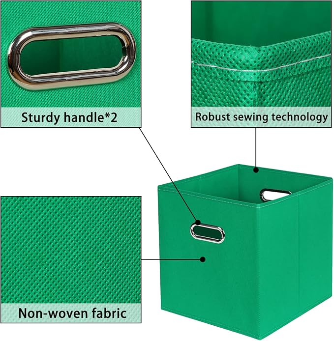 Green Foldable Storage Bins, 11x11x11, Set of 6, (Fabric Cube Organizer with Handle, for Cloth or Accessory Storage)