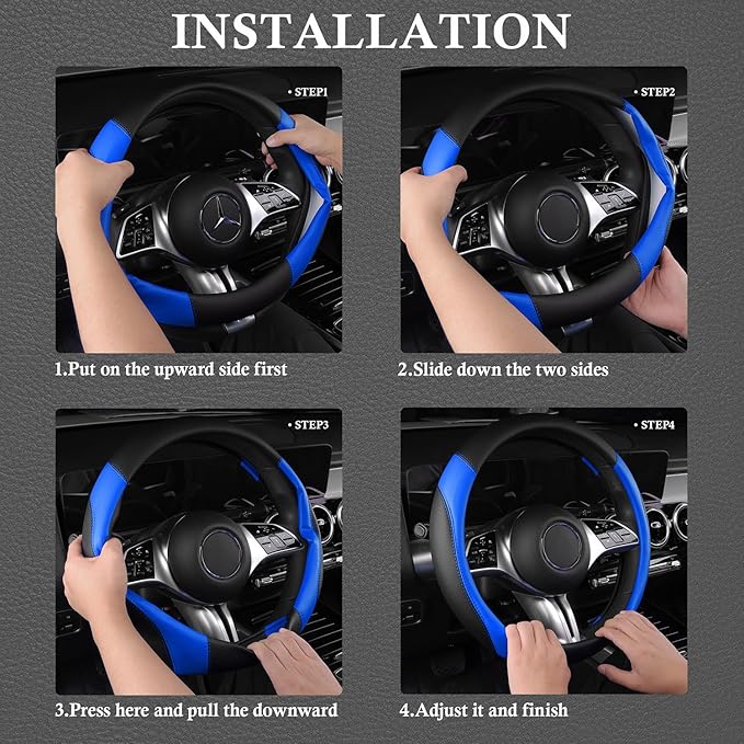 CAR PASS Faux Leather Steering Wheel Cover and Waterproof Car Floor Mats,Universal Car Combo Fit for 95% Sedan,SUV,Cars,14.5-15inch Sporty Anti-Slip Safety Comfortable Design(Black＆Bule)