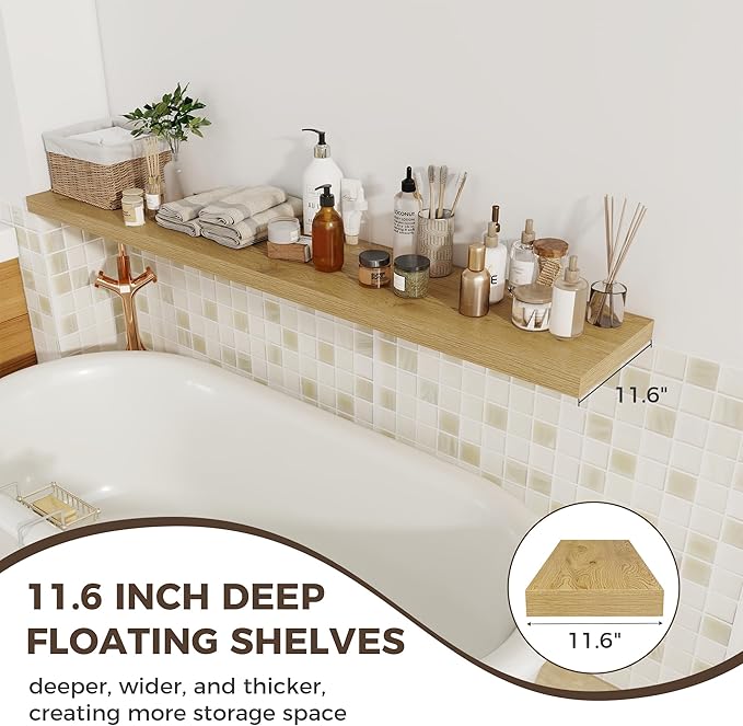 Fun Memories 12 Inch Deep Floating Shelves, 67 Inch Long Extra Large Floating Shelves Set of 2, Rustic Wood Wall Shelves for 