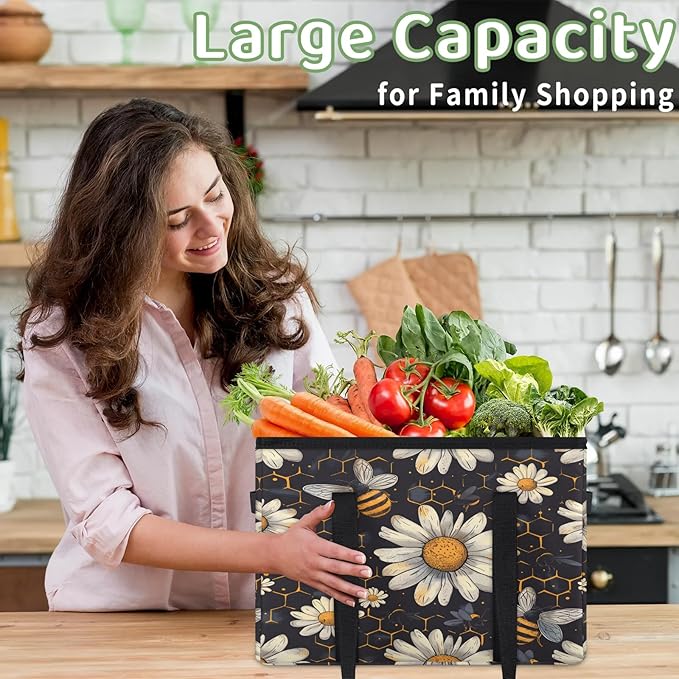 Reusable Grocery Bags Heavy Duty Shopping Bags Foldable Large Tote Bags with Long Handles & Hard Bottom
