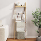 63" Bamboo Blanket Ladder with Shelf and 5 Hooks, 4 Tier Leaning Blanket Rack, Farmhouse Towel Ladder Rack, Decorative Quilt 