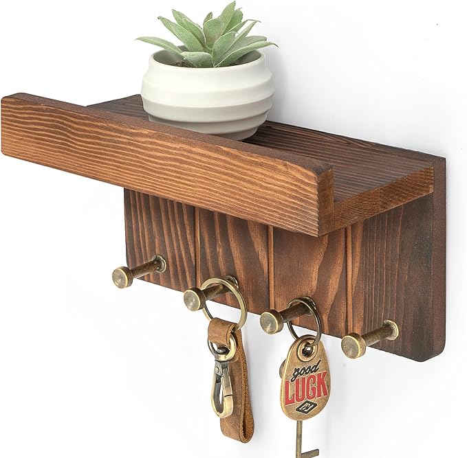 Rebee Vision Pine Wood Farmhouse Key Holder Wall Mount - Small Key Holder for Wall with 4 Hooks & Floating Shelf - Rustic Let