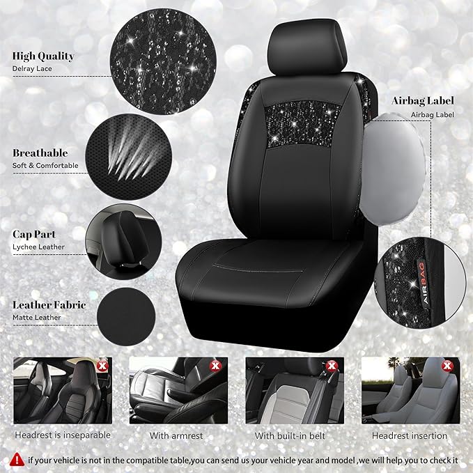CAR PASS Universal Black Leather Lace Car Seat Covers Full Set for Women Girls,Waterproof Car Floor Mats Carpet,Glitter Steer