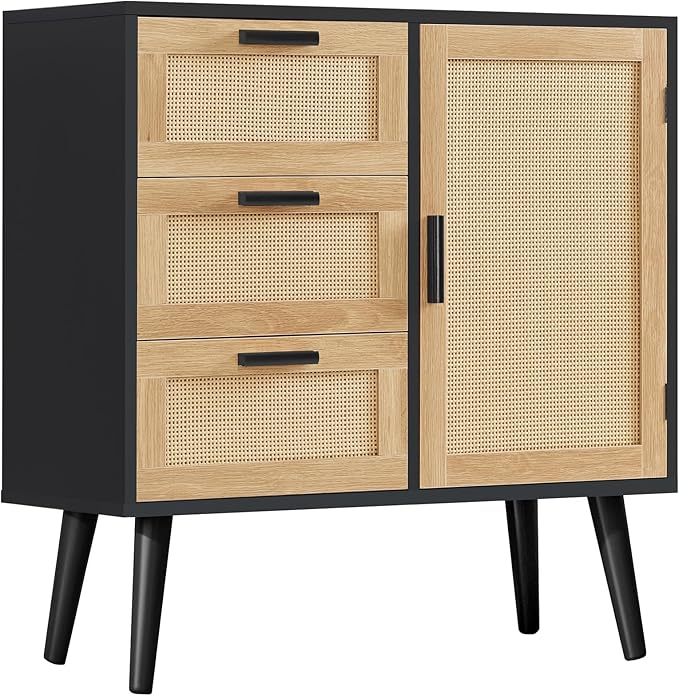 Iwell Storage Cabinet with Rattan Door & 3 Drawers, Rattan Cabinet with Adjustable Shelf, Sideboard Buffet Cabinets with Stor