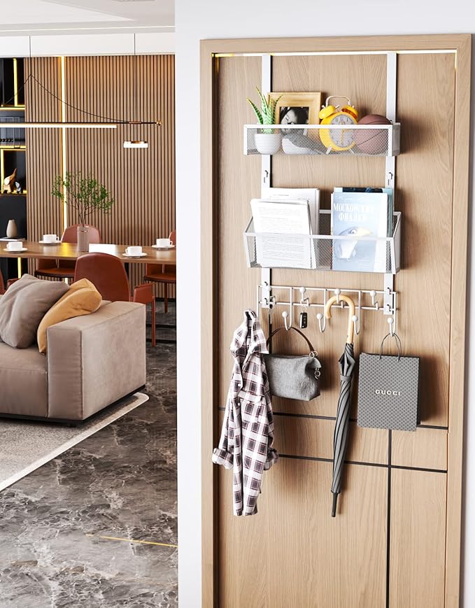 HapiRm Over Door Hook with 2 Mesh Baskets and 9 Hooks, 304 Stainless Steel No Drilling Over The Door Hanger, Storage Organize