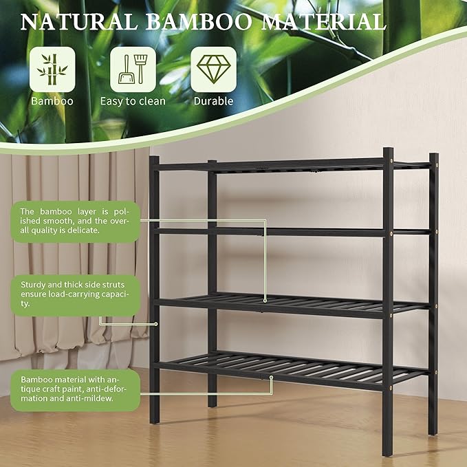 ROMGUAR CRAFT 4 Tier Bamboo Shoe Rack for Closet Free Standing Wood Shoe Shelf for Entryway Small Space Stackable 27"x11"x26"
