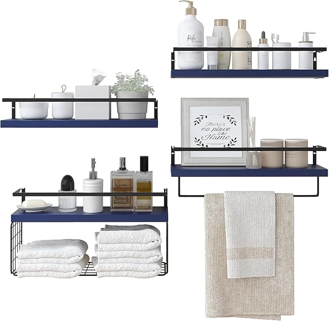 Wood Floating Shelves Wall Mounted - 4+1 Tier Rustic Bathroom Wall Shelves Over Toilet with Wire Storage Basket and Towel Bar