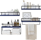Wood Floating Shelves Wall Mounted - 4+1 Tier Rustic Bathroom Wall Shelves Over Toilet with Wire Storage Basket and Towel Bar