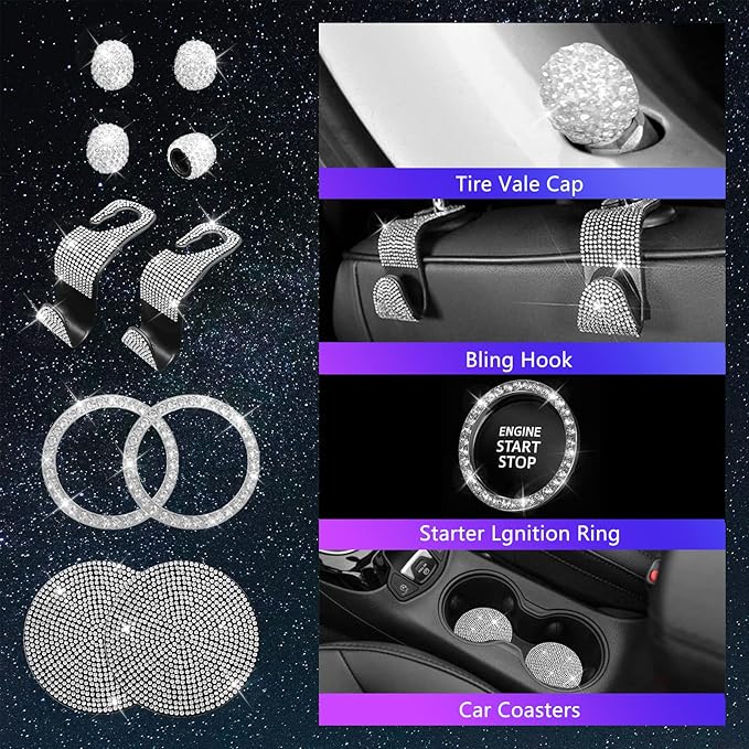 25PCS Bling Car Car Accessories Set,15 Inch Steering Wheel Cover,Shiny License Plate Frame,Center Console Cover and Rearview Mirror Set and Other Car Accessories(White)