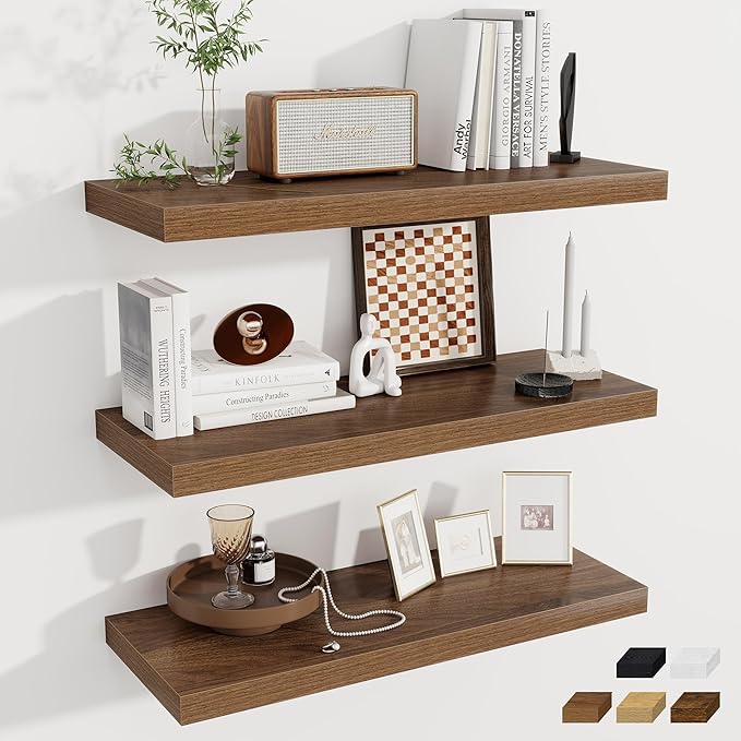 Fun Memories Deep Floating Shelves, 32W x 12D Walnut Wall Shelves, 32 Long Rustic Wood Wide Storage Shelves for Bedroom, Kitc