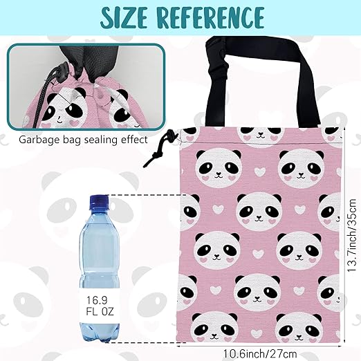 Car Garbage Bag Cute Panda and Heart Drawstring Car Trash Bag Hanging for Back Seat with Adjustable Buckle Canvas Vehicle Trash Can Easy-to-Install
