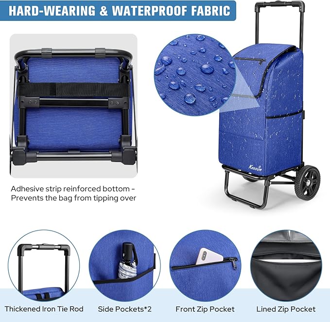 KEDSUM 2 in 1 Shopping Carts for Groceries, 330 lbs Grocery Cart on Wheels, Foldable Utility Carts with Wheels, Load-Bearing Hand Truck with Waterproof Bag for Shopping, Camping, Laundry, Garden, Blue