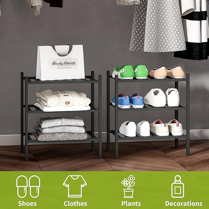 BMOSU 3-Tier Bamboo Small Shoe Rack Premium Stackable Shoe Shelf Storage Organizer for Hallway Closet Living Room Entryway Or