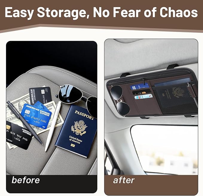 Car Visor Organizer,Premium Leather with a Hidden Zip Pocket, Sunglasses Organizer,3 Card Slots and a Stretch Mesh Pocket,Easy Installation,Compatible with Car Accessories for Vehicle, SUV, Truck