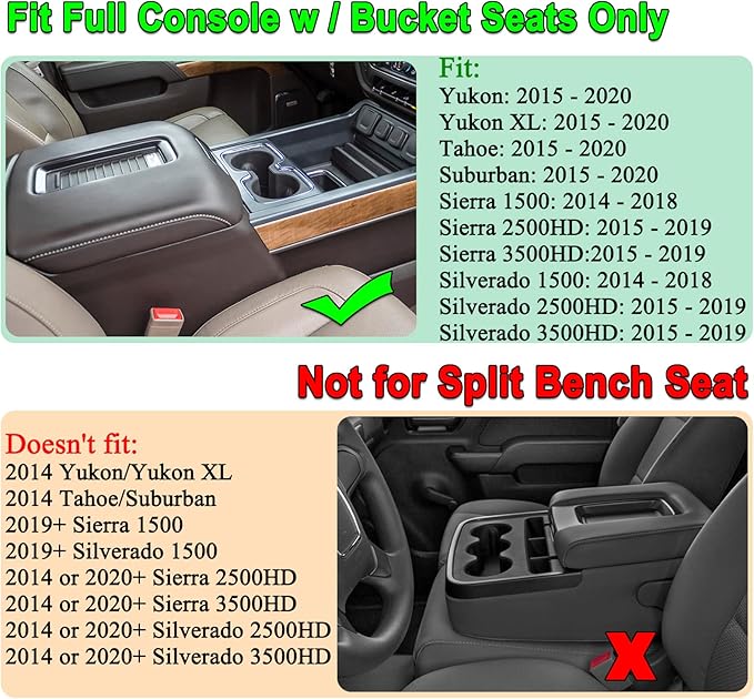 JKCOVER Compatible with Chevy Silverado/GMC Sierra 2014-2018 and Chevy Tahoe Suburban/GMC Yukon 2015-2020 Center Console Organizer Tray Accessories-Full Console w/Bucket Seats ONLY - (Black Trim)