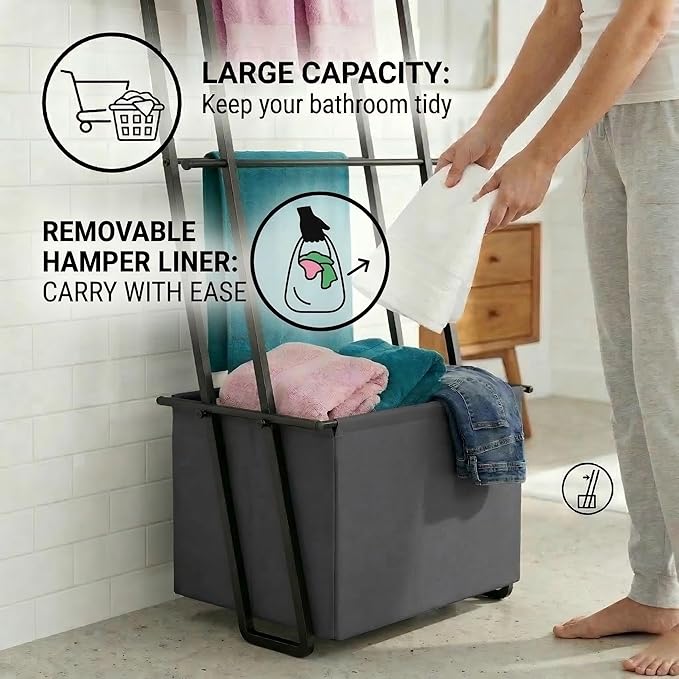 2-in-1 Leaning Blanket Ladder with Storage Basket, Matte Black Metal Towel Rack Stand, Drill-Free Space Saving Organizer for 