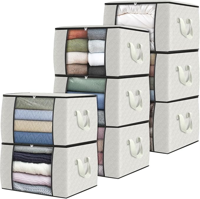 Fab totes 8 Pack Clothes Storage, Foldable Thick Fabric Blanket Storage Bags, Containers for Organizing Bedroom, Closet, Clot