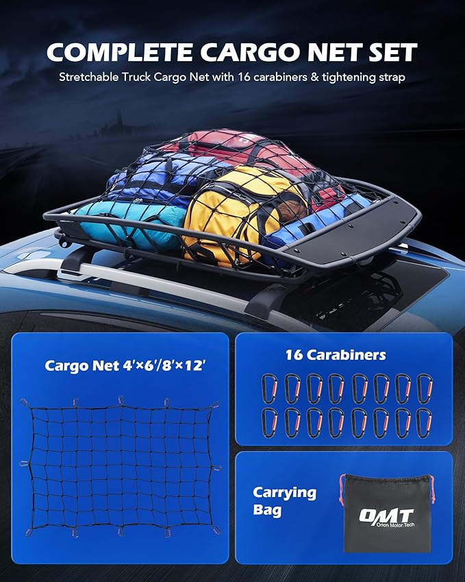 Orion Motor Tech Cargo Net for Pickup Truck Bed, 4'x6' Stretches to 8'x12' Cargo Roof Rack Netting Compatible with Ford Ram GMC Toyota Chevrolet, Bungee Net Mesh with Handmade Knots 16 Carabiners