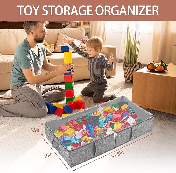 2-Pack Under Bed Toy Storage Boxes, Grey Toy Organizer with Clear PVC Lid, Foldable Under Couch Storage Bins (31.8×16×5.9in),