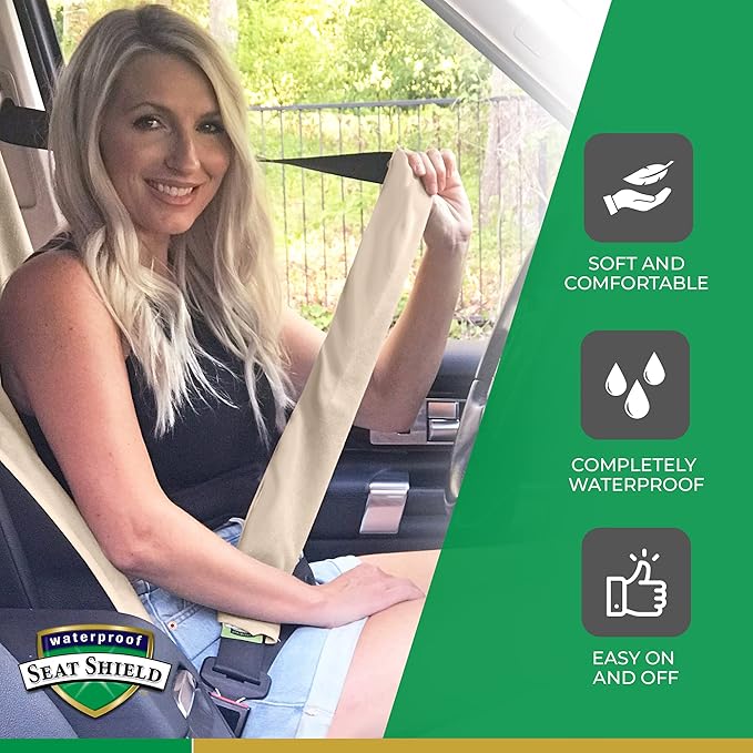 Seatbelt Covers - Removable Car Seat Belt Cover for Women, Men, Kids - Tan 20 in Long Waterproof Seat Belt Cushion with Protection from Sweat and Odor for All Vehicles