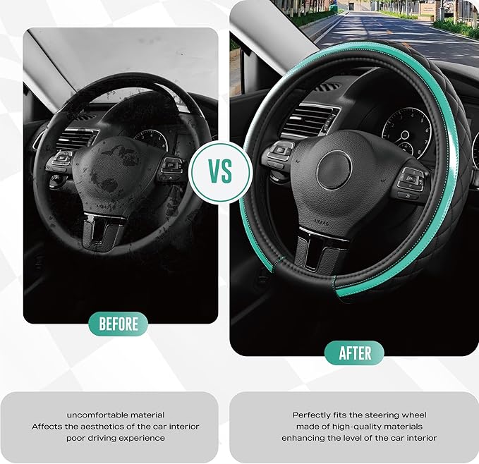 Road Comforts Leather Steering Wheel Cover – Black & Green Universal Fit 14.5-15 Inch, Microfiber Leather, Anti-Slip & Breath