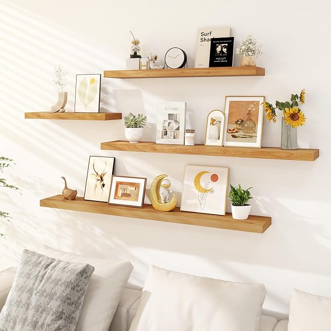 8 Inch Deep Floating Shelves, USA-Sourced Rustic Elm Wood Wall Shelves for Storage, Wall Mounted Display Shelving with Invisi