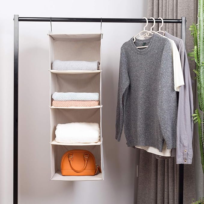 Hanging Closet Organizer and Storage, Foldable 4-Shelf Wardrobe Clothes Shelves Organizer, Imitation Linen Fabric, Beige Houn