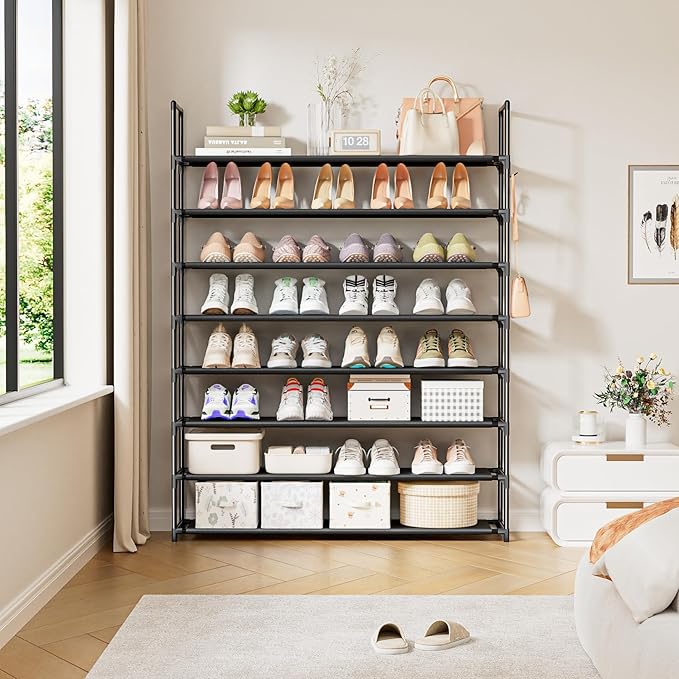 OYREL 8 Tier Shoe Organizer, 33.3in Wide x 11.2in Deep x 55.7in Tall, Black Metal and Plastic Shoe Rack, Holds up to 32-40 Pa
