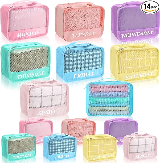 Days of Week Packing Cubes Weekly Organizer Travel Storage Bag School Clothes for Kids Summer Camp Family(9x7x3inch,Macaron,1