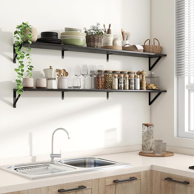 Axeman 55 Inch Floating Shelves | 8 Inch Deep Black Wall Shelves Set of 2 | 55" W x 8" D Rustic Black Wood Shelves for Bathro