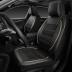 CAR PASS Universal FIT Piping Leather Two Front Seat Covers, Waterproof Faux Leather for SUV Sedan Van Truck, Airbag Compatible,Reserved Opening Holes for Headrest Covers. (Black and Beige)