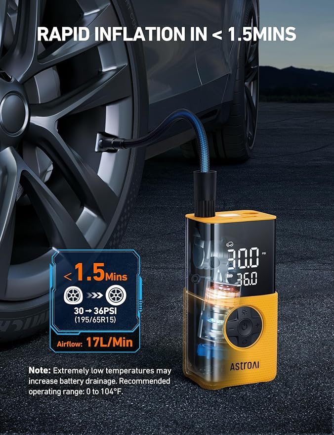 AstroAI Tire Inflator L7S Portable Air Compressor Cordless Bike Air Pump with Digital Dual Values Display, 150 PSI Car Tires Pump with LED Lights Air Pump for Auto, Motorcycles, Bikes, Balls