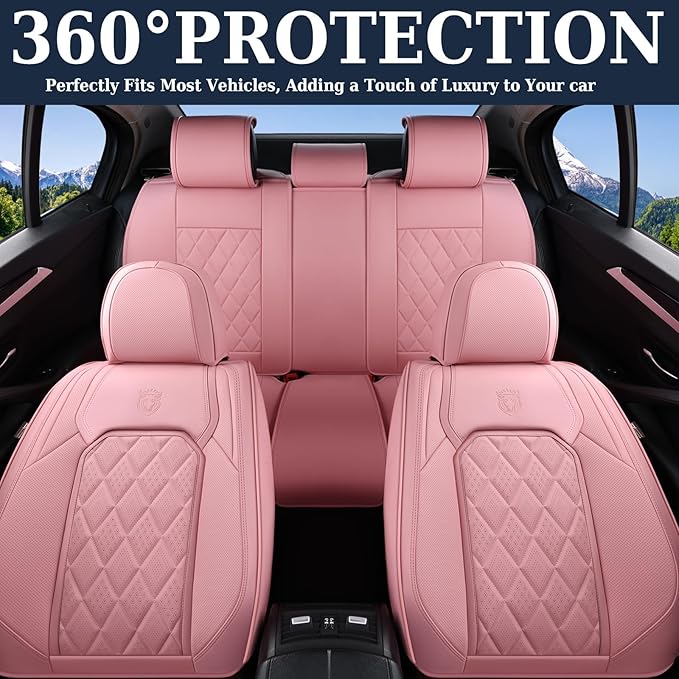 Coverado Car Seat Covers Full Set, Pink Leather Seat Covers for Cars, Universal Waterproof Car Seat Cover, Luxury Front and B