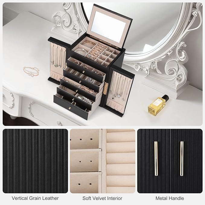 Dajasan Large Jewelry Organizer Box with 5 Drawers, Jewelry Box for Women, 6-Tier Jewelry Storage Organizer with Mirror for N