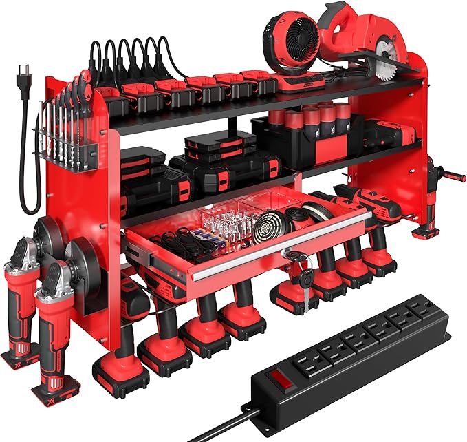KSVO Power Tool Organizer Wall Mount with Drill Rack, Grinder Holder, Hammer & Pliers Rack, Locking Drawers, 6-Outlet Chargin