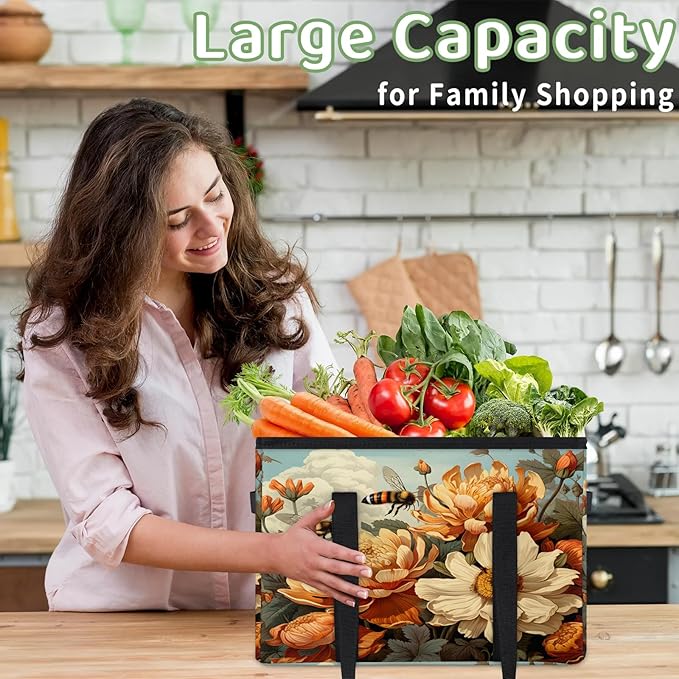 Reusable Grocery Bags Heavy Duty Shopping Bags Foldable Large Tote Bags with Long Handles & Hard Bottom