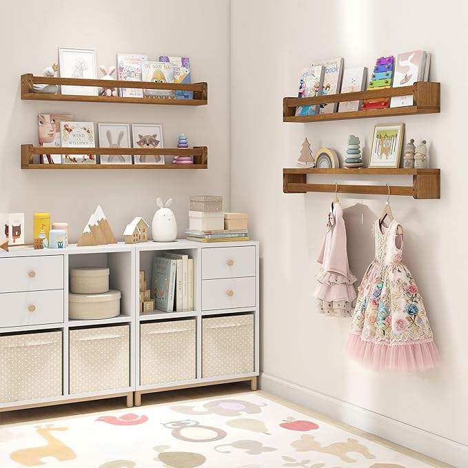 Fun Memories Nursery Book Shelves Set of 4, 32 Inch Solid Wood Wall Book Shelves, Kids Room Floating Shelves Organizer & Toy 