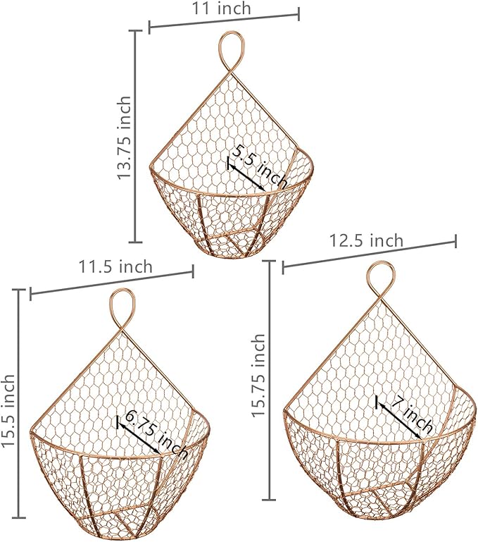MyGift Set of 3, Farmhouse Copper Metal Wire Mesh Wall Hanging Baskets, Wall-Mounted Storage Basket, Decorative Kitchen Fruit