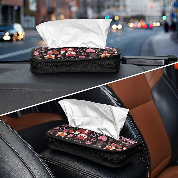 Car Tissue Holder Car Visor Organizer Tissue Box Holder for Car Sun Visor Organizer with Car Vehicle Accessories Essentials Interior for Women Men Valentines Fox Bunny Hearts Black