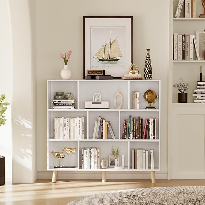 YESHOMY 9 White Cube Bookcase, Open Frame 3-Tier Book Shelf, Bookshelf Storage Organizer with Feet & Anti-Tilt Device for Org