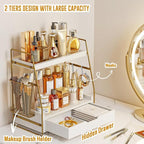 2-Tier Bathroom Counter Organizer with Drawer & Removable Basket, Wood & Metal Vanity Organizer for Skincare, Makeup, Perfume
