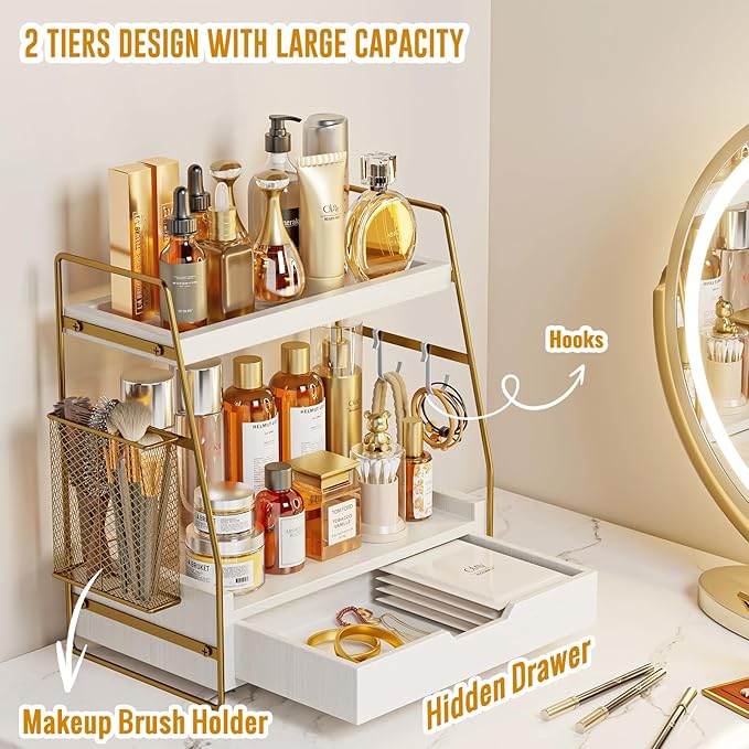 2-Tier Bathroom Counter Organizer with Drawer & Removable Basket, Wood & Metal Vanity Organizer for Skincare, Makeup, Perfume