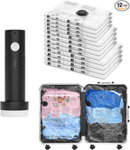 Vacuum Bags for Travel with Rechargeable Pump, 12 Combo (4L/4M/4S) Compression Packing Seal Bags for Luggage Suitcase, Space 