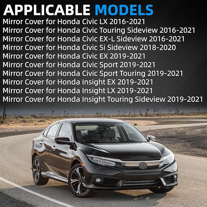 Passenger Side Mirror Cover Replacement for Honda Civic 2016-2021, Insight 2019-2021 - Right Side Mirror Covers, Rear View Mirrors Cap Black