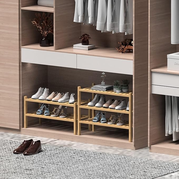 ROMGUAR CRAFT (Thick Bamboo Shoe Rack for Entryway, 3-Tier Free Standing Shoe Racks Stackable Shoe Rack Organizer for Hallway