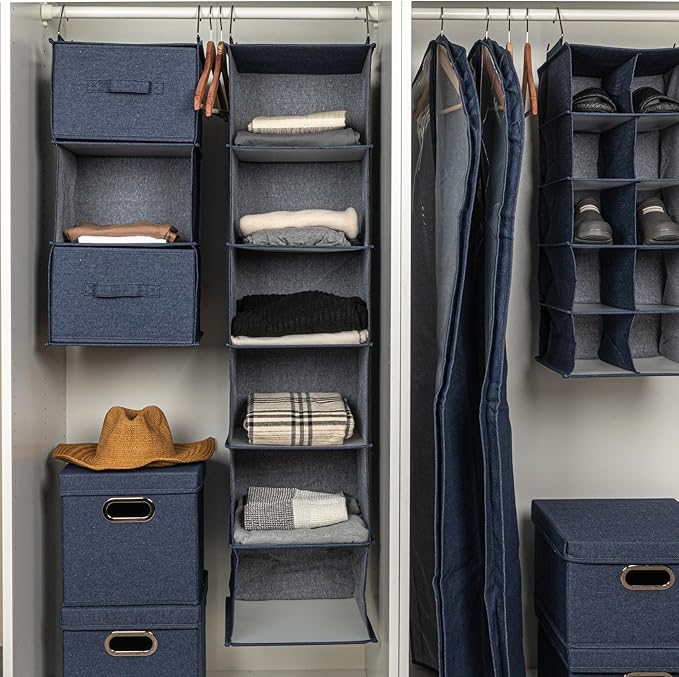 Household Essentials Hanging Cotton Blend Closet Organizer with 6 Storage Shelves, Denim