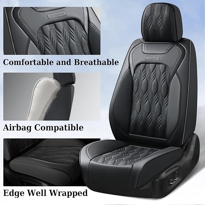 Coverado Car Seat Cover, Black Seat Cover for Cars, Luxury Leather Seat Covers Full Set with Embossed Pattern, Waterproof Car